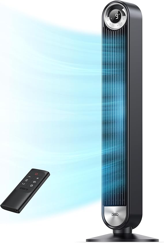 DREO Tower Fan for Bedroom, Upgraded DC 9 Speeds 20dB Ultra-Quiet Floor Fan, 90 Oscillating Fans with 28ft/s Velocity, 12H Timer, Standing Fan, Bladeless Fan Powerful for Home, Black