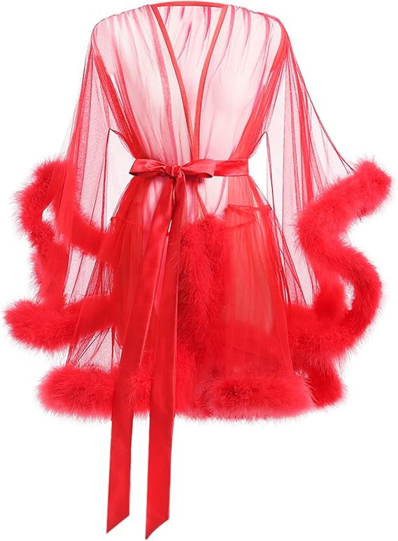 Clobeau Women Tulle Feather Robe Bridal Sexy Maternity Bathrobe Photoshoot Illusion Wedding Nightgown Christmas Lingerie