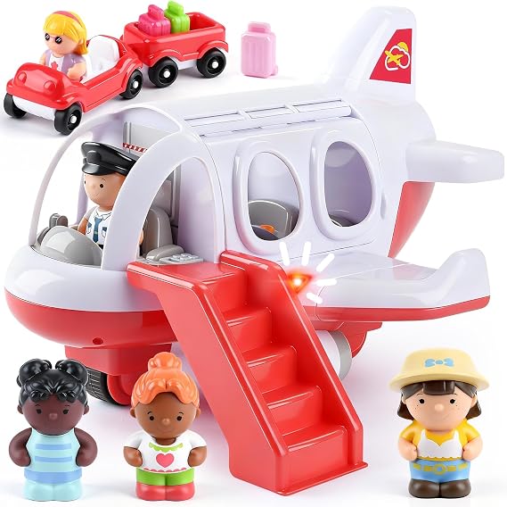 Musical Airplane Toy for Kids with Small Figures & Baggage Carrier(Red) | Travel Airplane Toy with Lights & Sounds, Openable Doors & Luggage, Safe ABS, Gift for Toddler Boys & Girls 1-3