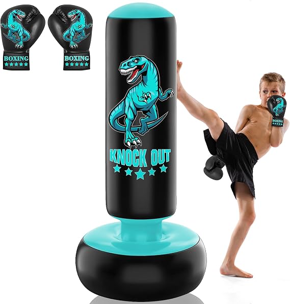 Larger Stable Dinosaur Punching Bag for Kids, 66" Tall Sports Kids Teens Inflatable Punching Bag with Boxing Gloves, Gifts for Boys & Girls Age 5-12 for Practicing Karate, Taekwondo, MMA