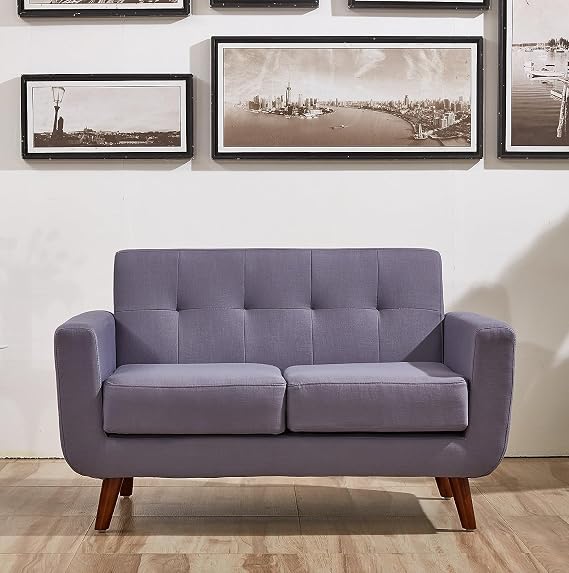 Container Furniture Direct Jenny Linen Fabric Upholstered Tufted Comfortable Furniture Three Full Room Comfy Office Sofa and Two Seater Couch Midcentury Modern Loveseat, 2 PC, Grey