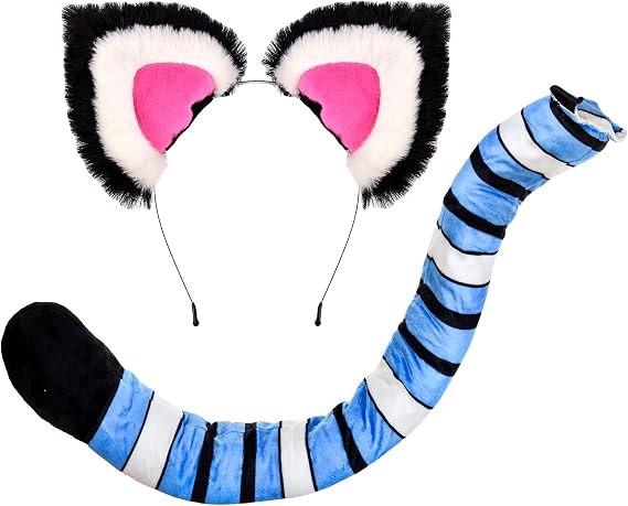 DDazzling Tiger Costume Accessories Set, Plush Ears Headband with Pink Inner Ears, Blue Striped Tail with Adjustable Strap