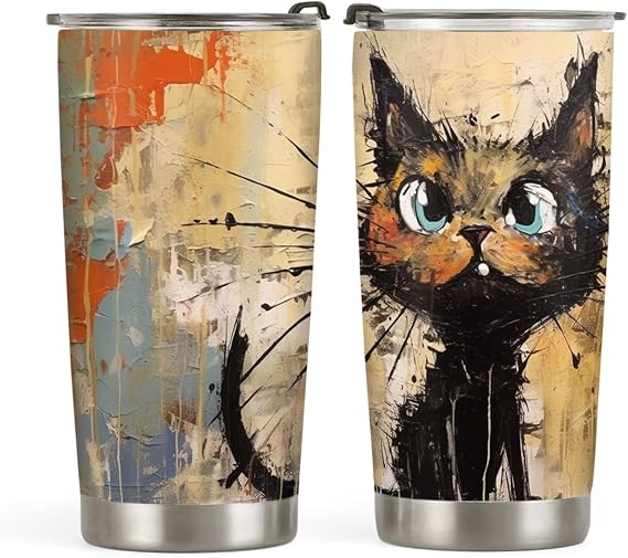 64HYDRO 20oz Funny Cute Retro Vintage Cat Tumbler, Gifts for Cat Lovers, Coffee Tumbler for Women, Stainless Steel Double Wall Vacuum Insulated Coffee Mug, Travel Cup with Lid