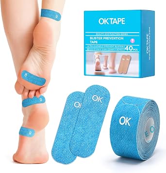 OK TAPE Blister Prevention Tape, 40 Pcs, Moleskin for Blisters, No-Residue Blister Bandages for Feet & Body, Heel Patches, 1.2in X 3.5in Precut Strips - Blue