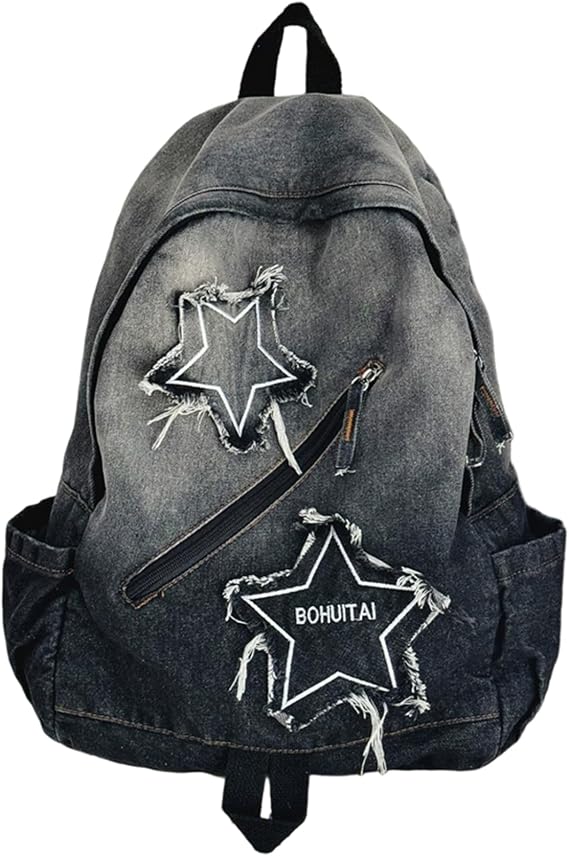 Y2K Backpack Lightweight Travel Denim Backpack with Multi-Pocket Retro Jean Large Star Bag for Students and Adults..