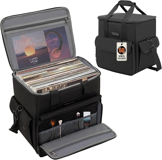 Vinyl Record Carry Bag Holds up to 60 LP Records, Padded Album Storage Case