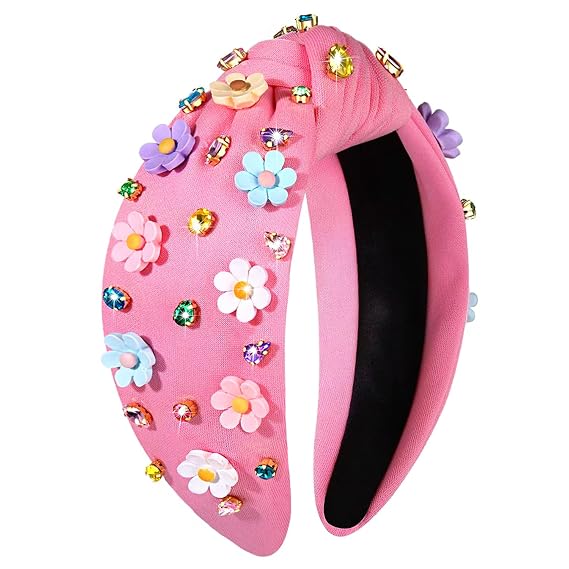 NVENF Flower Headbands for Women Spring Summer Floral Knotted Headbands Crystal Rhinestone White Pink Wide Top Knot Headband Beach Summer Hair Accessories Outfits Gifts (Flower B - Pink)