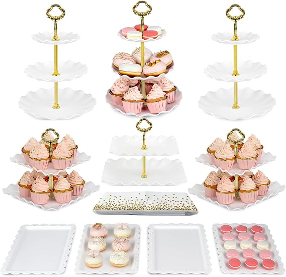 Pack of 11 NWK Cake Stand Set of Cupcake Stand, Tray & Table Cloth (Gold)