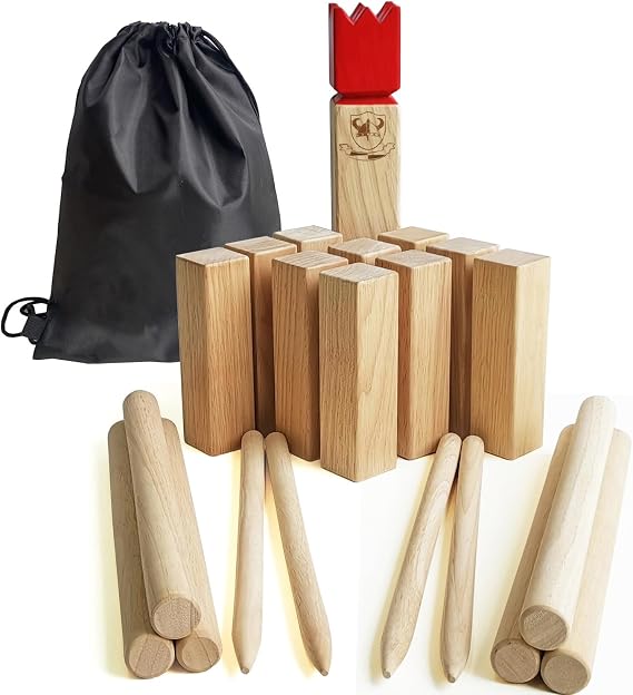 Jac & Mok Kubb Game Set - Hardwood Viking Games -Throwing Outdoor Games (Kubb Red, 5 x 5 x 30cm -King)