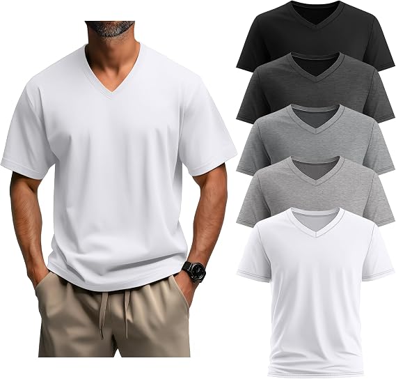Evervibe 5 Pack Men's Big and Tall Shirts Casual V Neck Short Sleeve Tees Summer Cotton Basic T Shirts Multipack