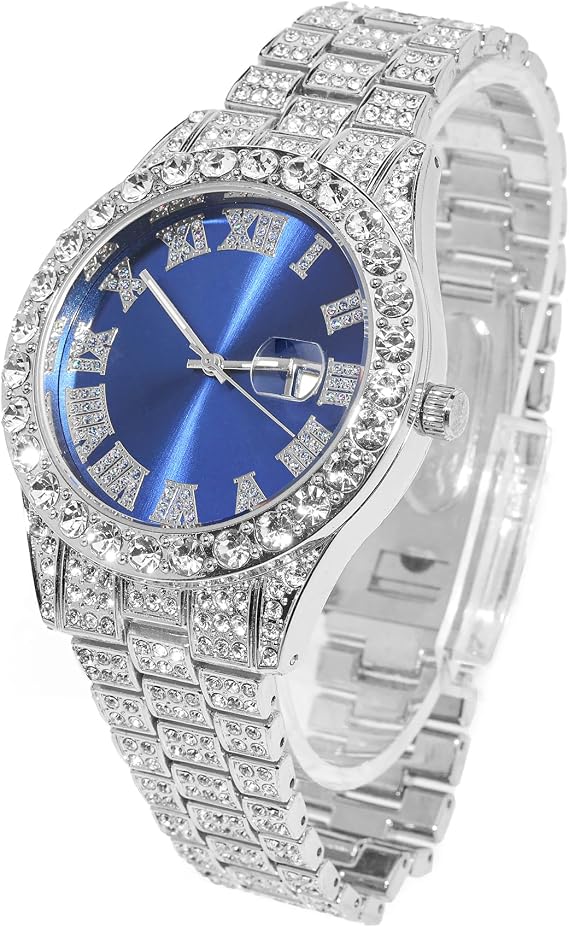 HALUKAKAH Men's Blue Dial Diamonds Watch, with Cuban Link Chain Options