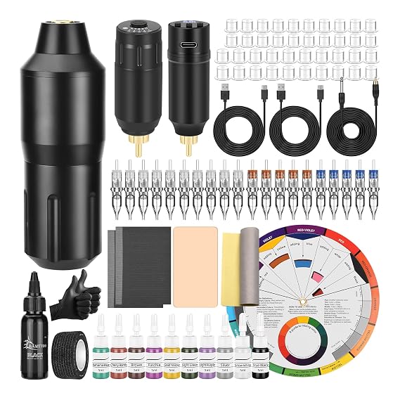 Wireless Cartridge Tattoo Machine Kit Tattoo Pen Set Complete Tattoo Pen Kit 20pcs Cartridges Needles and 10 Color Inks Tattoo Power Supply