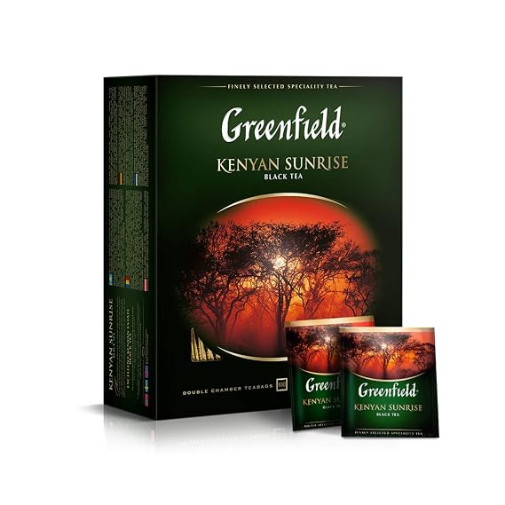 Greenfield Kenyan Sunrise Black Tea - 100 Individually Wrapped Tea Bags - Bold and Rich Kenyan Black Tea from Kericho Highlands - Single Origin Afternoon and Breakfast Tea - 7.05 oz