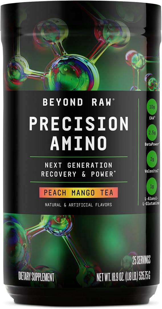 BEYOND RAW Precision Amino | Recovery & Power Amino Acid Formula | Fuel Muscles | Enhance Hydration | Peach Mango Tea | 25 Servings