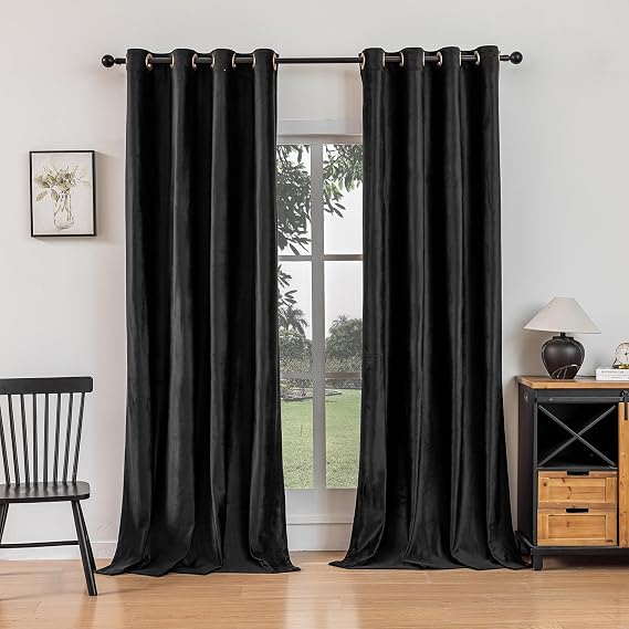 Black Velvet Curtains 90 inches Long 2 Panels, Blackout Curtains for Bedroom Living Room, Soundproof Thermal Insulated Window Drapes Set for Living Room/Bedroom/Dining Room, 52" W x 90" L