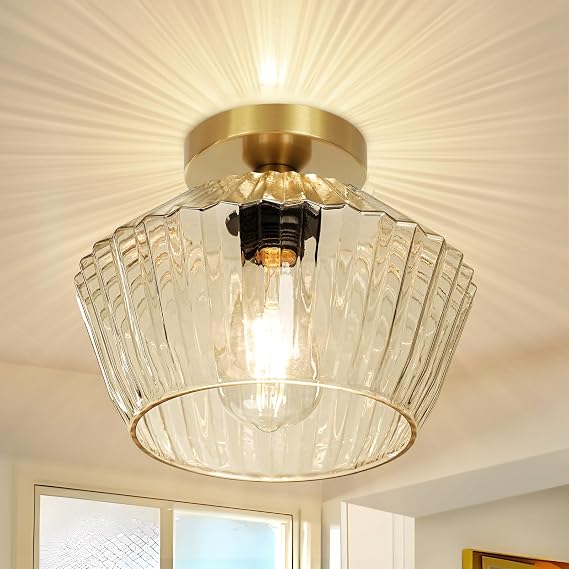 FRIDEKO HOME Semi Flush Mount Ceiling Light - Glass Hallway Lighting Fixtures Ceiling Black Ceiling Light Fixture for Hallway Bedroom Kitchen Bathroom Entryway (Bronze Gold)