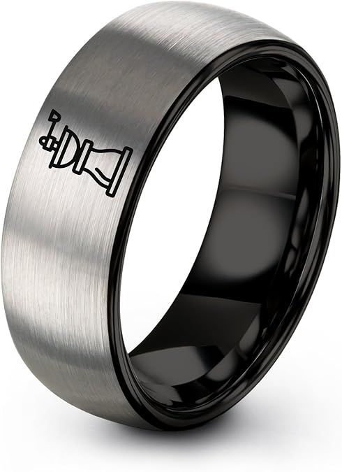 Coffee Grinder Ring - Gift for Coffee Fan - Anniversary Wedding - Brushed Polished - Men Women - Band - Black Yellow Gold Silver - Tungsten - Personalized Custom Engraving - Flat Dome Bevel - 8mm