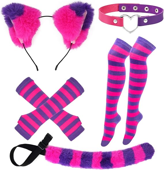 Pink Purple Striped Cat Costume Include Cat Ears Furry Tail Choker Striped Socks Gloves for Halloween Dress up
