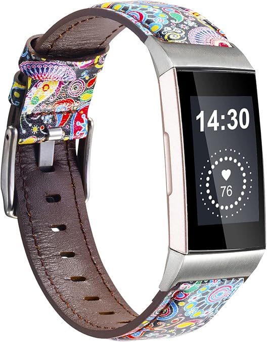 Leather Bands Compatible for Fitbit Charge 4/ Charge 3/ Charge 3 SE Fitness Tracker, Genuine Leather Band Replacement Strap Wristband Accessories for Women Men