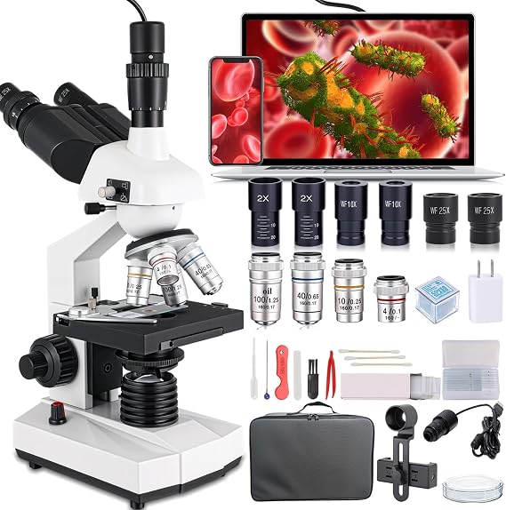 Trinocular Microscope, 40X-5000X Magnification, Research Grade Professional Microscope with USB Camera and Mechanical Stage, Microscope for Adults