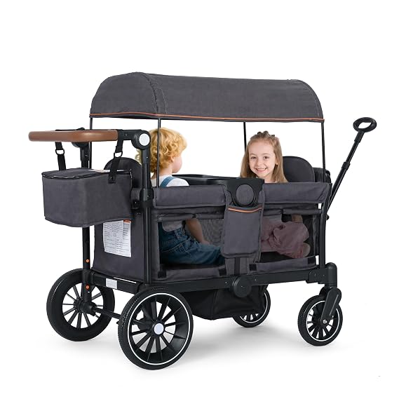 Kinder King Wagon Stroller for 2 Kids, Adjustable Push/Pull Bar, Grey | All-Terrain 2 Seater Folding Outdoor Stroller Wagon, Shock-Absorbing Wheels, Removable Canopy, Detachable Tray, Large Storage