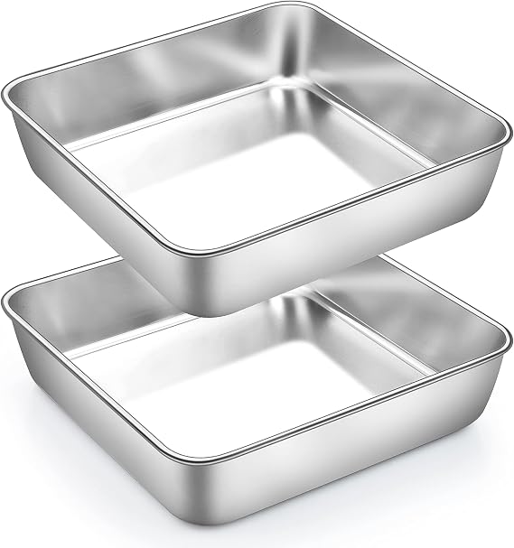 TeamFar 8x8 Baking Pan, 2 Pack Stainless Steel Square Cake Brownie Pan
