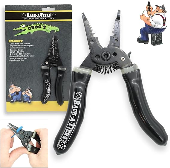 Rack-A-Tiers Croc's Jr. Needle Nose Wire Strippers, Electrician Wire Crimper & Stripper, Wire Stripper Cutter, Ergonomic Glow-in-the-Dark Handles, Wire Insulation Stripper (47002)