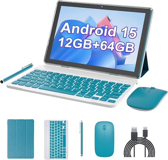 Android 15 Tablet 10 inch, 2 in1 Tablets with Keyboard Case Mouse Stylus, 12GB RAM 64GB ROM 1TB Expand, Quad-Core Processor Tablet PC, 5G WiFi6, BT5.0, 6000mAh, 1280*800 IPS Screen, Widevine L1, Navy