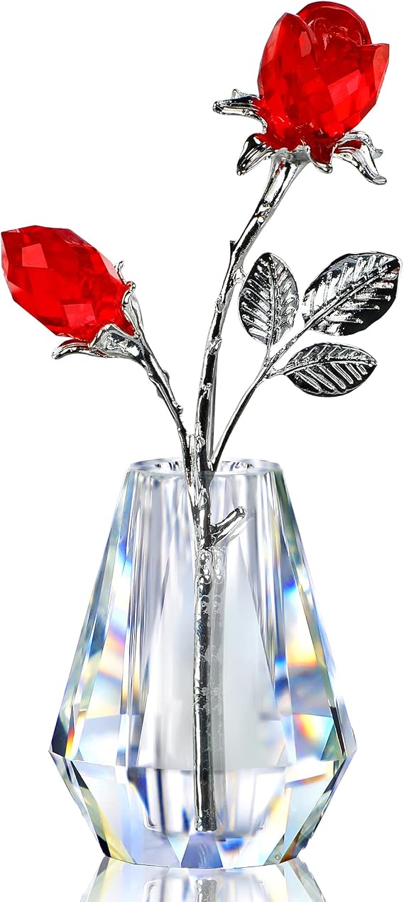 Red Crystal Double Rose Bouquet Figurine Home Wedding Decor