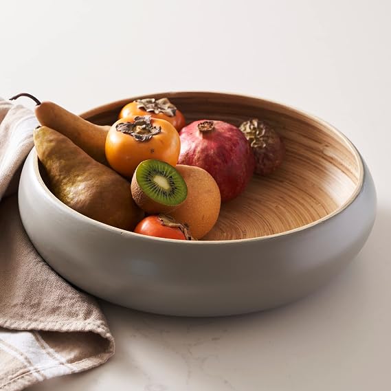 Fruit Bowl for Kitchen Counter Handmade Spun Bamboo, Large 11.75" Fruit Basket, Eco-Friendly Decorative Serving Bowl for Home Decor, Produce Storage & Centerpiece (Gray)