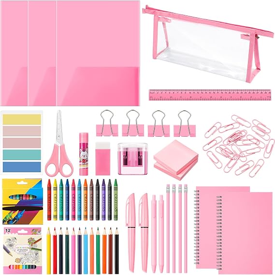 Watersay 48 Pcs Pink School Supplies with Cute Pen Case Back to School Stationery Set Include Folders Notebooks Rulers Scissors Pencils Pens and Much More Back to Schools Gifts for Students