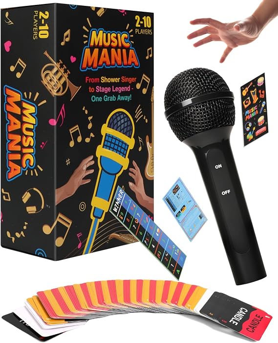 Grab Microphone Music Board Game, Pass the Mic with 280 Song Lyrics (140 Cards) and 10 Blank Cards, 2-10 Players Karaoke Party Game for Family, Fun Misheard Lyrics Music Hilarious Games