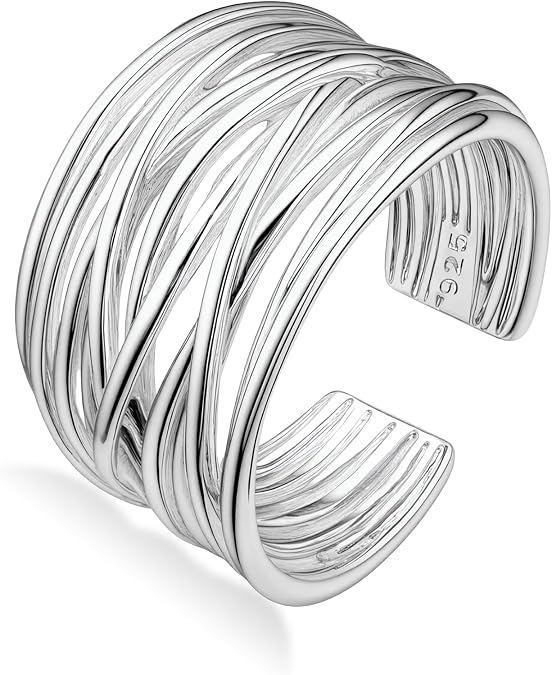 Chunky Silver Overlapping Band Stackable Thumb Open Ring Cool Handmade Adjustable Rings for Women Men