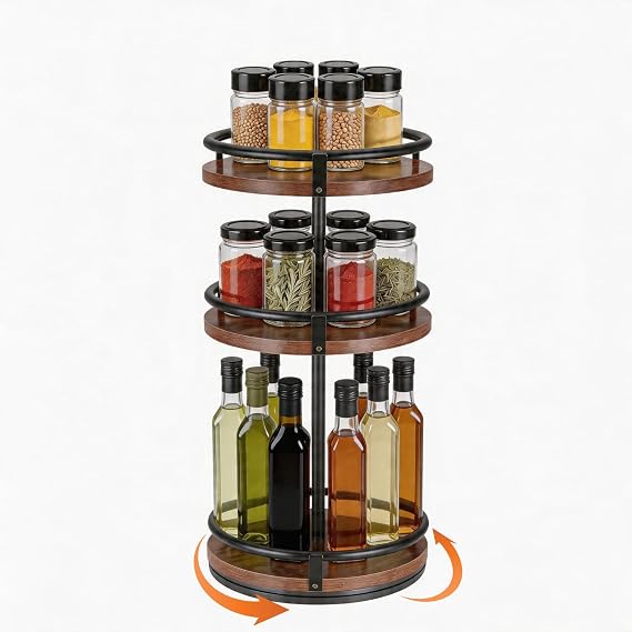 3-Tier Rotating Spice Rack, Wooden Lazy Susan Spice Organiser, 360-Degree Turntable Seasoning Storage Rack for Kitchen Countertop, Cupboard and Pantry