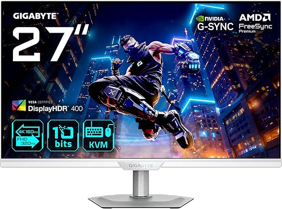 GIGABYTE M27UP ICE 27" SS IPS Dual-Mode Gaming Monitor (Beyaz), 4K UHD 160Hz / FHD 320Hz, 1ms GTG, Mat Ekran, HDMI 2.1 & DP 1.4, DisplayHDR 400, KVM & USB-C, G-SYNC Compatible