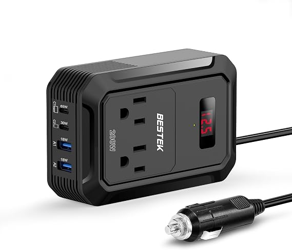 200W Power Inverter DC 12V to 110V AC Converter With 65W/30W USB C, 2 USB QC(18W) and Dual AC Outlet, Fast Car Charger Adapter With LCD Screen for Laptops (Black)