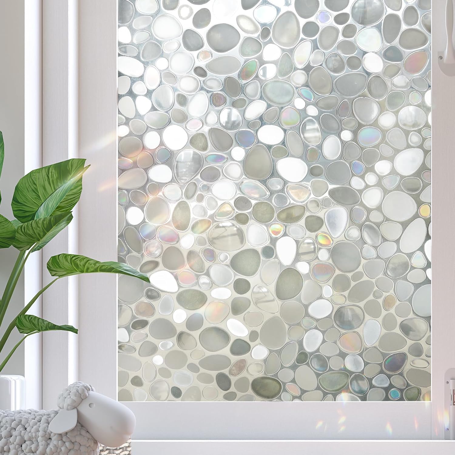 Window Privacy Film, Stained Glass Films, 3D Pebble Rainbow Windows Cling Decorative Window Decals, Sun Blocking Stickers Static Cling Door Windows Covering 17.5 x 78.7