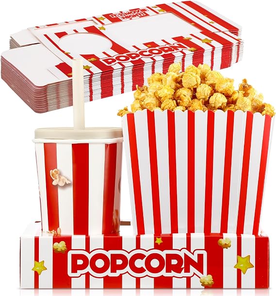 Reallnaive 24 Pcs Movie Night Snack Trays Movie Night Supplies Disposable Paper Theater Snack Boxes Popcorn Candy Holder Food Drink Trays Container for Cinema Family Home Birthday Party(Classic)