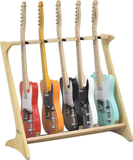 Wooden Guitar Stand Z Stand Layered Sustainable Siam Oak Frame with Foam Base & Neck Rests Vintage Look Display Protect & Support your Electric Acoustic & Bass Guitars (Natural, 5 Guitar)