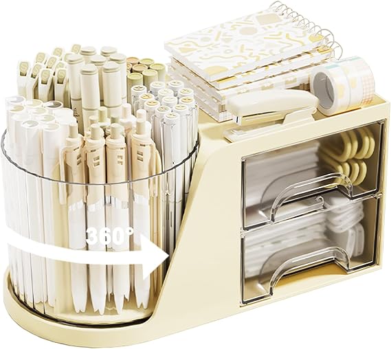 SAYEEC Rotating Desk Organizer with 2 Drawer, 6 Slots Multi-Functional Pencil Pen Holder, Desktop Makeup Organizer Stationery Accessories Storage Box Caddy for Office School Home Art Supplies (Beige)