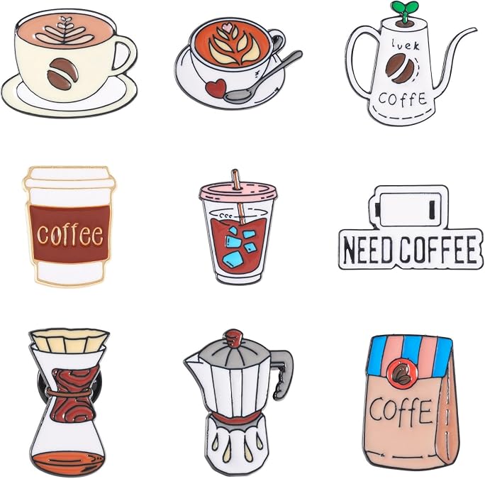 9Pcs Enamel Coffee Pins Coffee Cup Pot Drink Cute Alloy Brooch Funny Labels Badge Aesthetic Coffee Maker Backpack Pins for Adults Women Bags Barista Apron