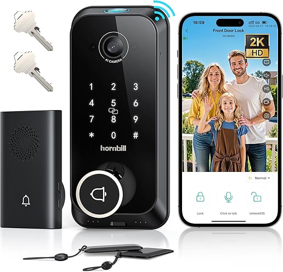 Hornbill Video Smart Lock with Camera: 10-in-1 Ring+2K Camera+Doorbell+Fingerprint Keyless Entry Door Lock, Built-in WiFi Deadbolt(only 2.4G), Two-Way Audio/App Remote Control/PIR, No Monthly Fee