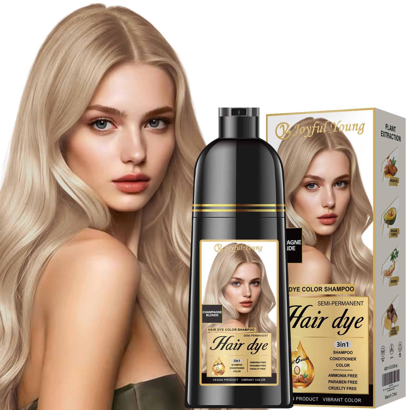 Natural Hair Dye Shampoo 3 IN 1, Gray Hair Coverage, Vegan, Ammonia-Free & Paraben-Free Hair Coloring Shampoo for Women & Men, Beard Dye for Men, Nourishing Gentle CHAMPAGNE BLONDE