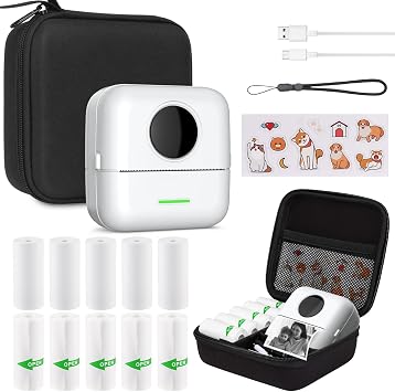 Print Pods Mini Sticker Printer Thermal Inkless Printer for iOS&Android with Hard Protection Storage Case,Bluetooth Label Maker with 11 Rolls Thermal Paper&Sticker for Photo Receipt DIY