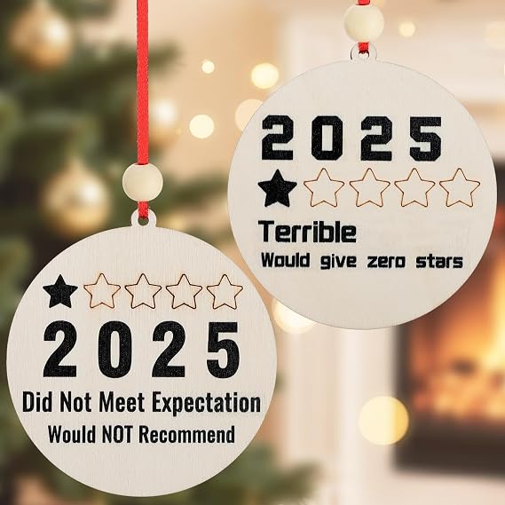 2 Pcs Wooden Funny Christmas Ornaments 2025 - One Star Review White Elephant Gifts, Gag Gifts for Coworkers Friends Couples