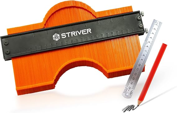 Striver 10 Contour Duplication Gauge with Advanced Adjusting Screws and Lock System, Precise Accuracy, Corner Measuring, Angle Template Duplication Tracing, Includes a Carpenters Pencil, Steel Ruler