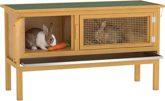 pawhut Wooden Rabbit Hutch Bunny Cage Outdoor Small Animal House w/Hinged Top Slide out Tray 115 x 44.3 x 65 cm