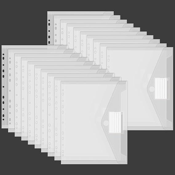 20 Waterproof Document Pockets 11 Hole Edge Collector Folders with Label Pocket - Folders for Documents Organising Office Supplies Homework