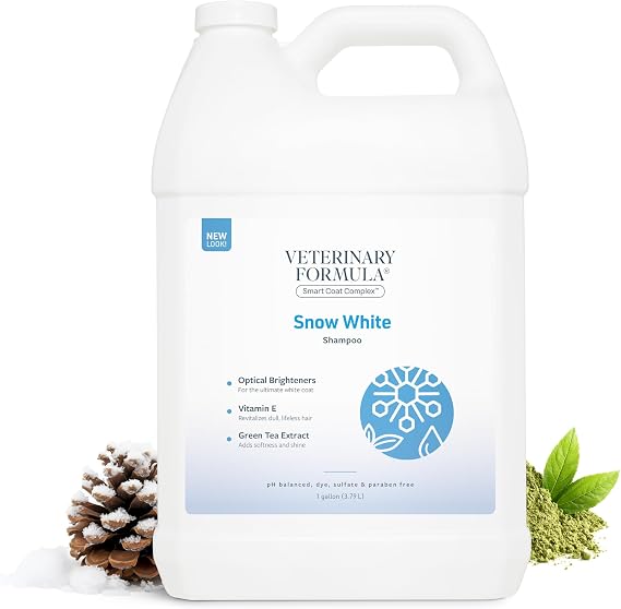 Veterinary Formula Smart Coat Complex Snow White Shampoo for Dogs and Cats, 128 Fl oz / 1 Gal Gently Remove Stains & Yellowing Without Bleach/Peroxide Cleans, Deodorizes & Brightens White Coats