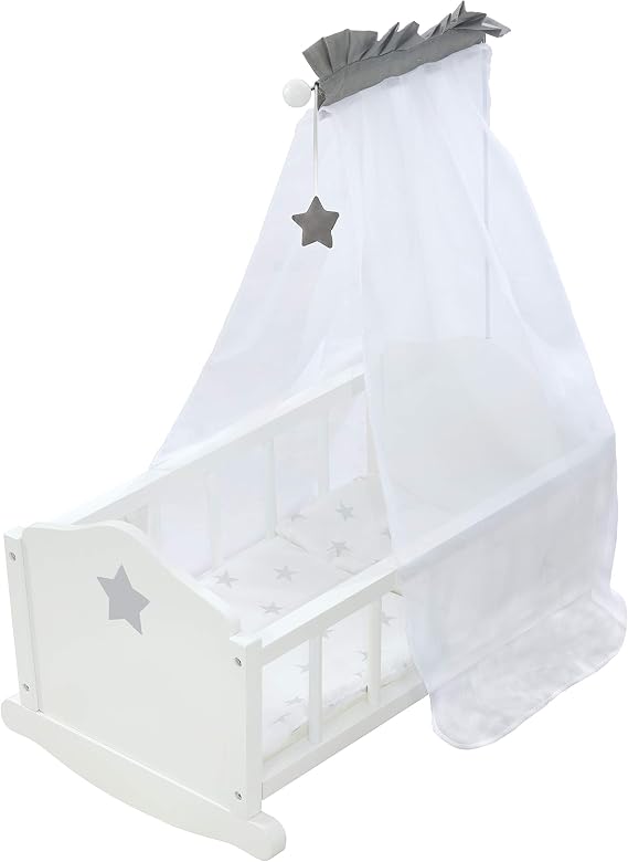 Roba Doll Cradle Set: Stella - Star, Gray & White - Includes Hanging Mobile, Pillow, Blanket & Canopy, Children's Pretend Play, Ages 3+